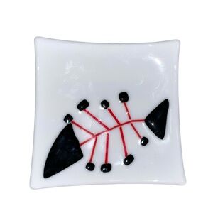Fused Glass Art Plate Styled Abstract Fish Skeleton Sushi or Trinket Plate.